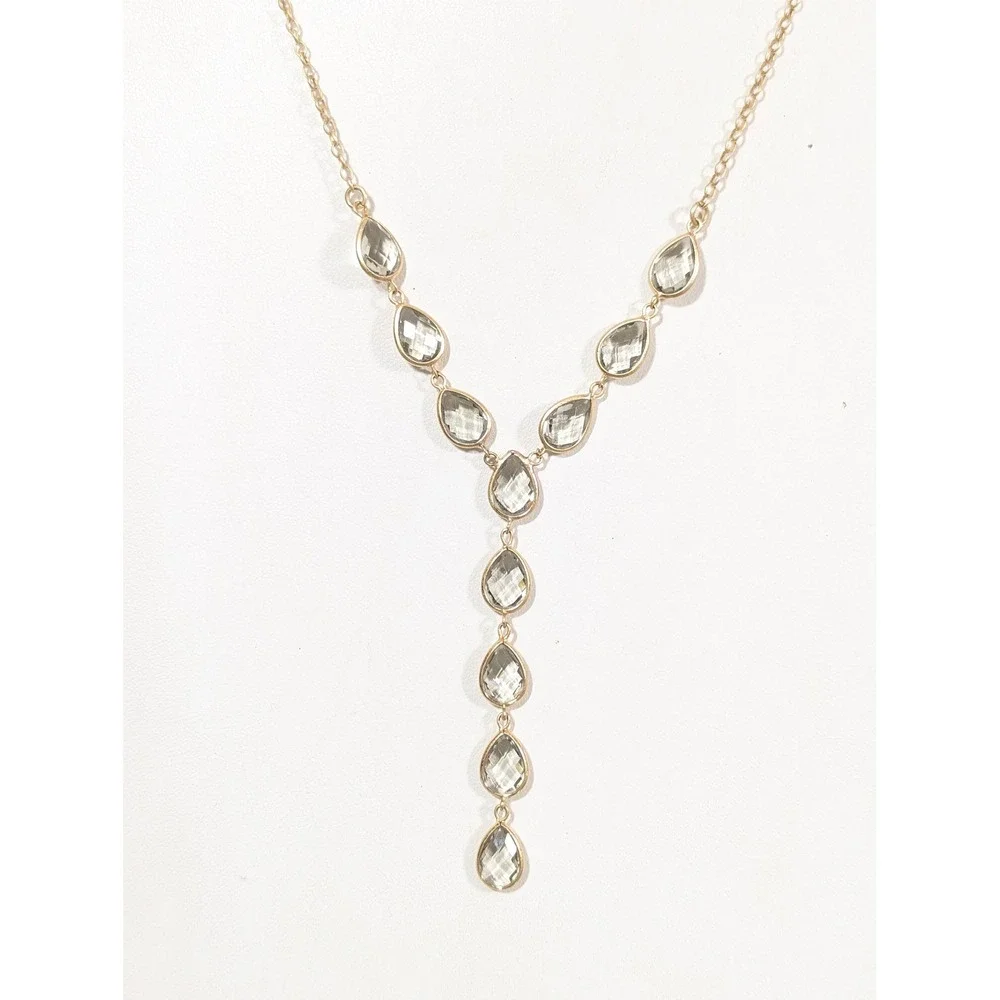 LOFT Gray Faceted Glass Y Necklace Gold Tone Teardrop‎ Bezels Lariat Style 22